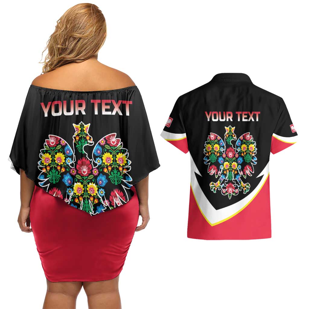 Personalized Poland Wycinanki Eagle Couples Matching Off Shoulder Short Dress and Hawaiian Shirt Polish Traditional Floral Folk Pattern - Wonder Print Shop