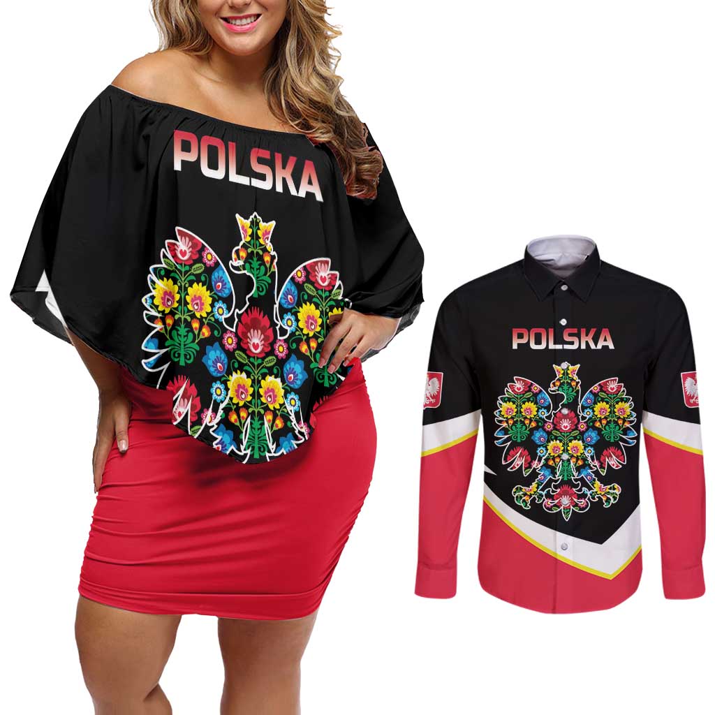 Personalized Poland Wycinanki Eagle Couples Matching Off Shoulder Short Dress and Long Sleeve Button Shirt Polish Traditional Floral Folk Pattern - Wonder Print Shop