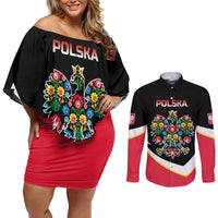 Personalized Poland Wycinanki Eagle Couples Matching Off Shoulder Short Dress and Long Sleeve Button Shirt Polish Traditional Floral Folk Pattern - Wonder Print Shop