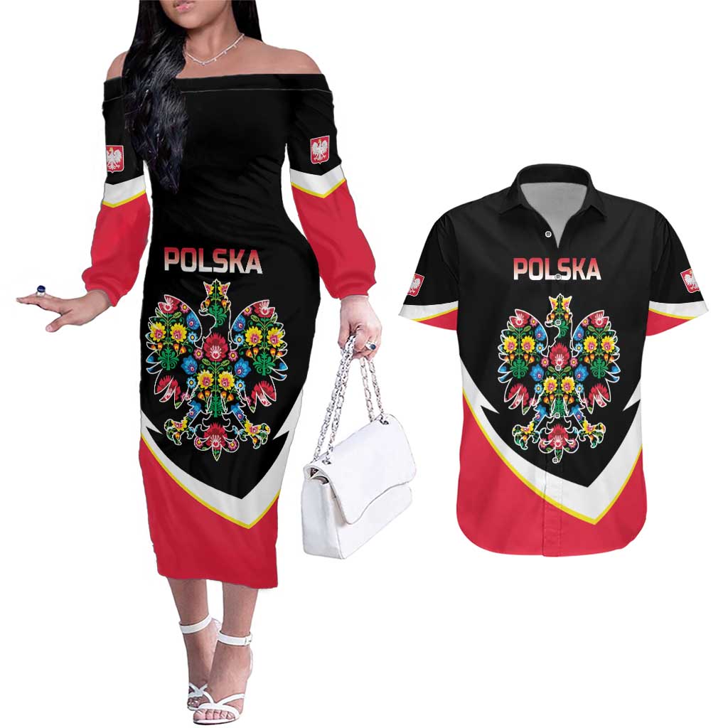 Personalized Poland Wycinanki Eagle Couples Matching Off The Shoulder Long Sleeve Dress and Hawaiian Shirt Polish Traditional Floral Folk Pattern - Wonder Print Shop