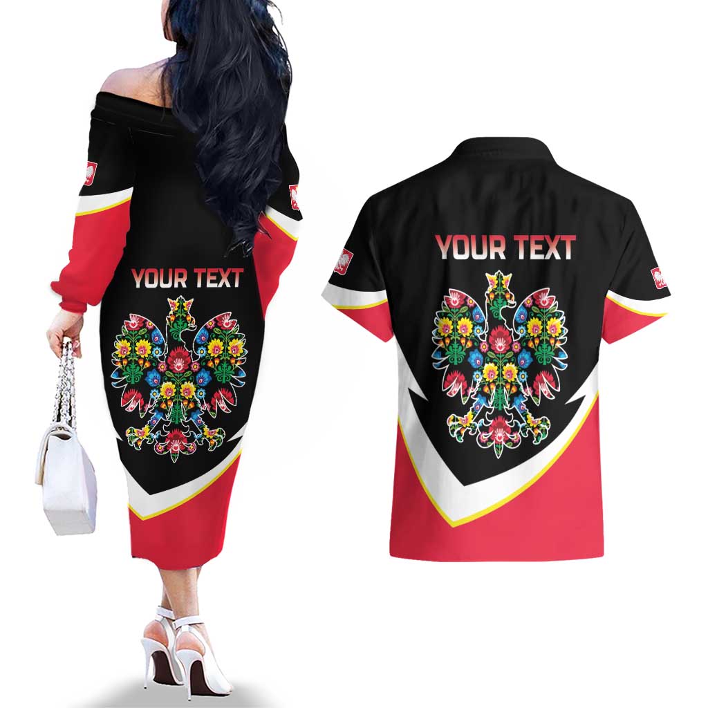 Personalized Poland Wycinanki Eagle Couples Matching Off The Shoulder Long Sleeve Dress and Hawaiian Shirt Polish Traditional Floral Folk Pattern - Wonder Print Shop