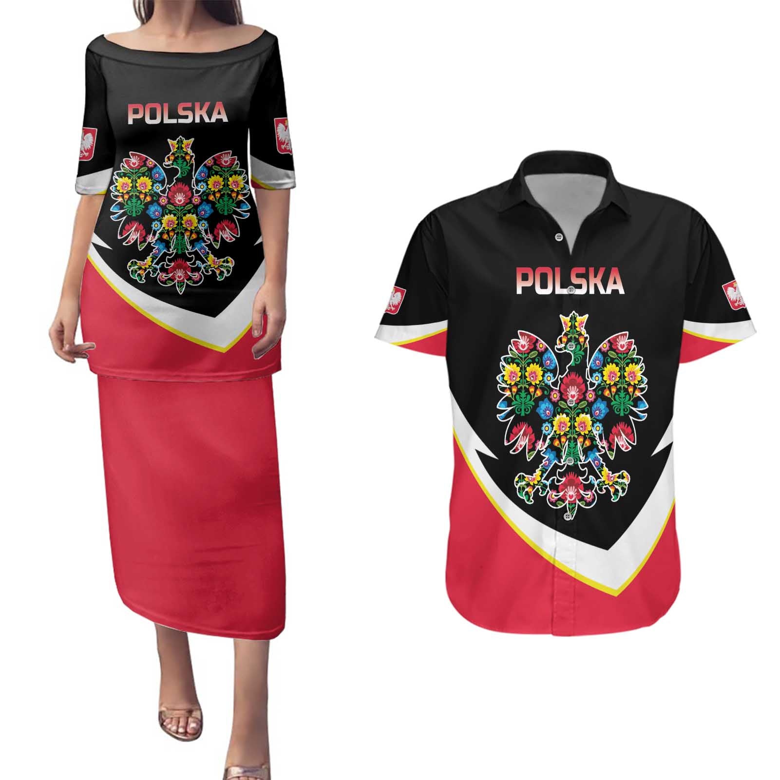 Personalized Poland Wycinanki Eagle Couples Matching Puletasi and Hawaiian Shirt Polish Traditional Floral Folk Pattern - Wonder Print Shop