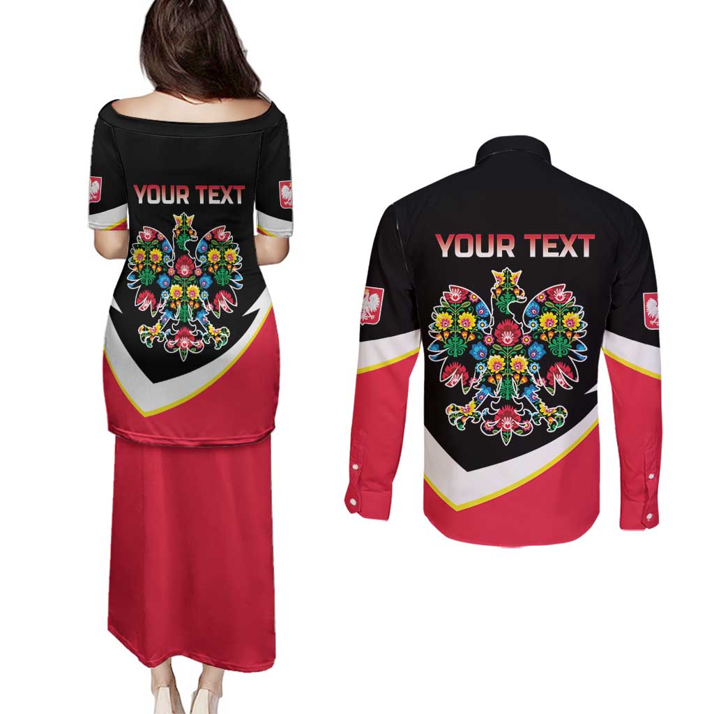 Personalized Poland Wycinanki Eagle Couples Matching Puletasi and Long Sleeve Button Shirt Polish Traditional Floral Folk Pattern - Wonder Print Shop