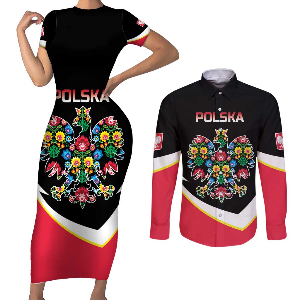 Personalized Poland Wycinanki Eagle Couples Matching Short Sleeve Bodycon Dress and Long Sleeve Button Shirt Polish Traditional Floral Folk Pattern - Wonder Print Shop