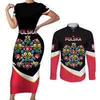 Personalized Poland Wycinanki Eagle Couples Matching Short Sleeve Bodycon Dress and Long Sleeve Button Shirt Polish Traditional Floral Folk Pattern - Wonder Print Shop