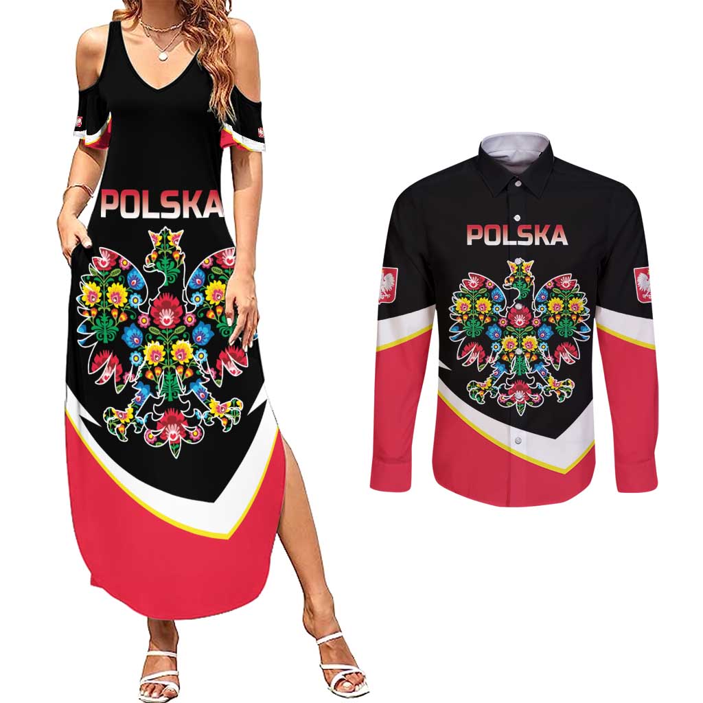 Personalized Poland Wycinanki Eagle Couples Matching Summer Maxi Dress and Long Sleeve Button Shirt Polish Traditional Floral Folk Pattern - Wonder Print Shop