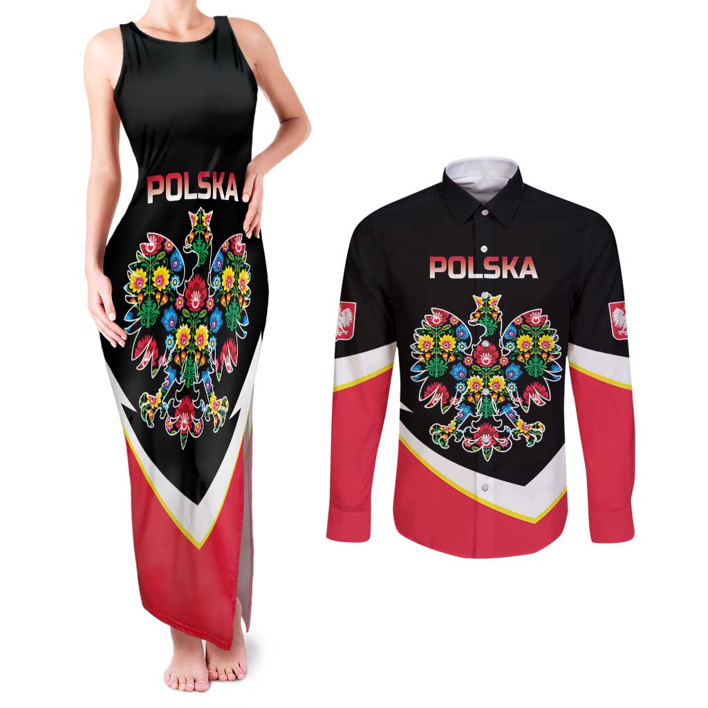 Personalized Poland Wycinanki Eagle Couples Matching Tank Maxi Dress and Long Sleeve Button Shirt Polish Traditional Floral Folk Pattern - Wonder Print Shop