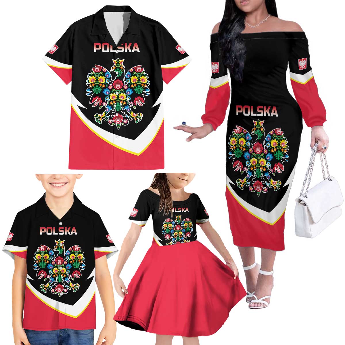 Personalized Poland Wycinanki Eagle Family Matching Off The Shoulder Long Sleeve Dress and Hawaiian Shirt Polish Traditional Floral Folk Pattern - Wonder Print Shop