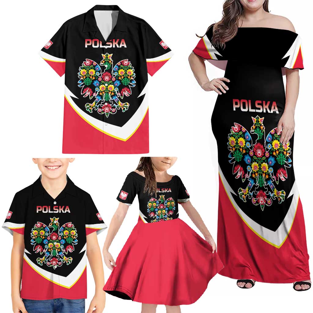 Personalized Poland Wycinanki Eagle Family Matching Off Shoulder Maxi Dress and Hawaiian Shirt Polish Traditional Floral Folk Pattern - Wonder Print Shop