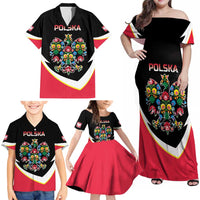 Personalized Poland Wycinanki Eagle Family Matching Off Shoulder Maxi Dress and Hawaiian Shirt Polish Traditional Floral Folk Pattern - Wonder Print Shop