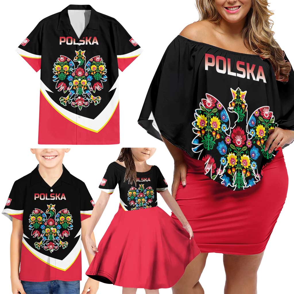 Personalized Poland Wycinanki Eagle Family Matching Off Shoulder Short Dress and Hawaiian Shirt Polish Traditional Floral Folk Pattern - Wonder Print Shop