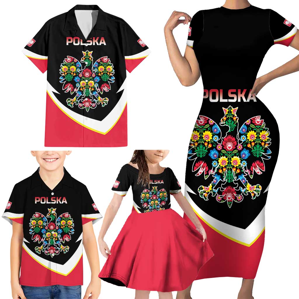 Personalized Poland Wycinanki Eagle Family Matching Short Sleeve Bodycon Dress and Hawaiian Shirt Polish Traditional Floral Folk Pattern - Wonder Print Shop