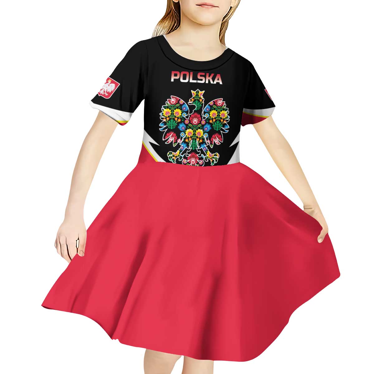 Personalized Poland Wycinanki Eagle Kid Short Sleeve Dress Polish Traditional Floral Folk Pattern - Wonder Print Shop