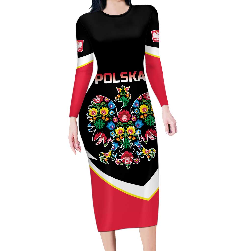 Personalized Poland Wycinanki Eagle Long Sleeve Bodycon Dress Polish Traditional Floral Folk Pattern - Wonder Print Shop
