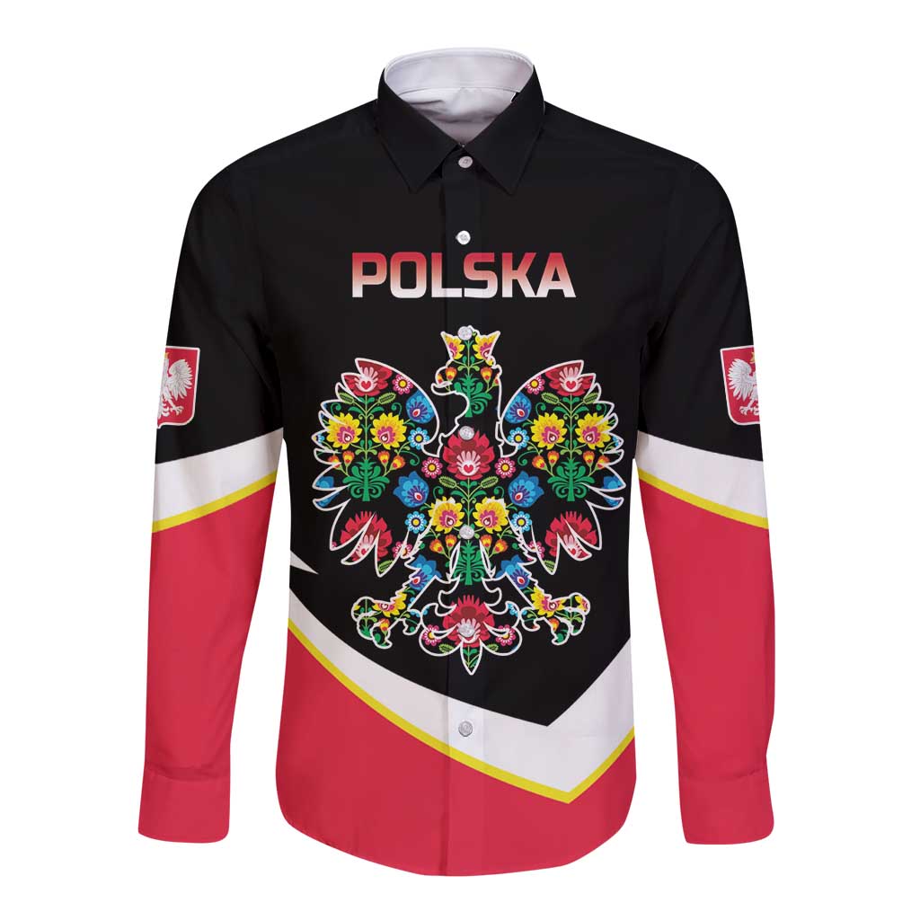 Personalized Poland Wycinanki Eagle Long Sleeve Button Shirt Polish Traditional Floral Folk Pattern - Wonder Print Shop