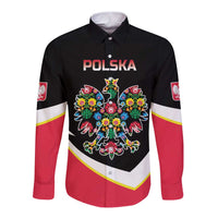 Personalized Poland Wycinanki Eagle Long Sleeve Button Shirt Polish Traditional Floral Folk Pattern - Wonder Print Shop