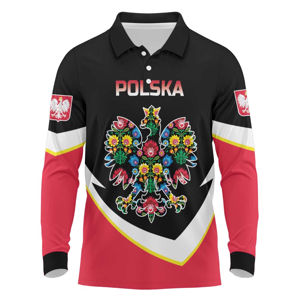 Personalized Poland Wycinanki Eagle Long Sleeve Polo Shirt Polish Traditional Floral Folk Pattern - Wonder Print Shop