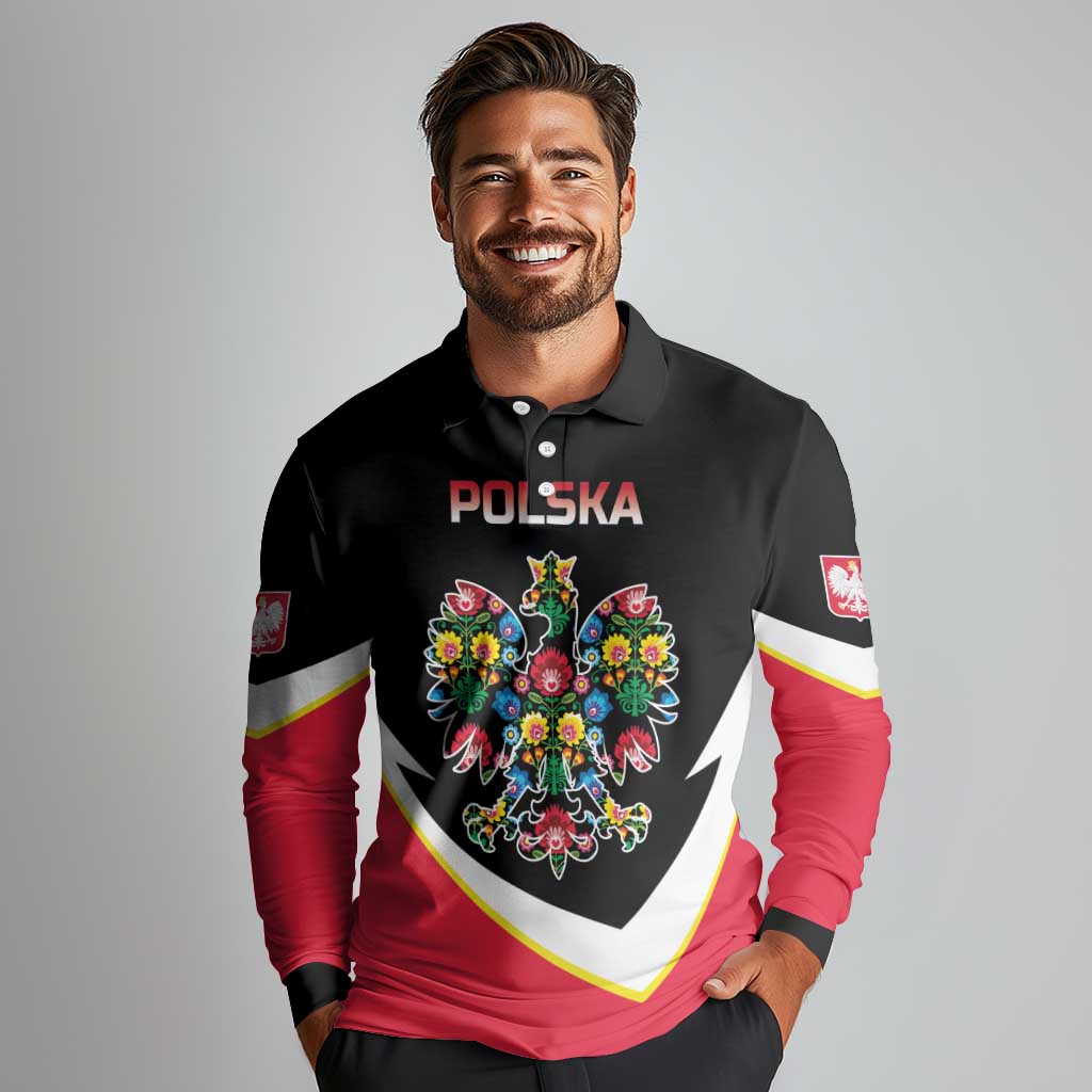 Personalized Poland Wycinanki Eagle Long Sleeve Polo Shirt Polish Traditional Floral Folk Pattern - Wonder Print Shop