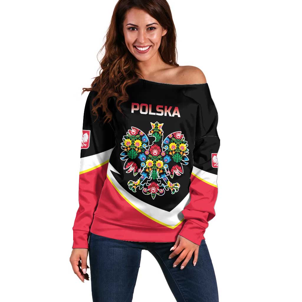 Personalized Poland Wycinanki Eagle Off Shoulder Sweater Polish Traditional Floral Folk Pattern - Wonder Print Shop