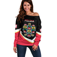 Personalized Poland Wycinanki Eagle Off Shoulder Sweater Polish Traditional Floral Folk Pattern - Wonder Print Shop