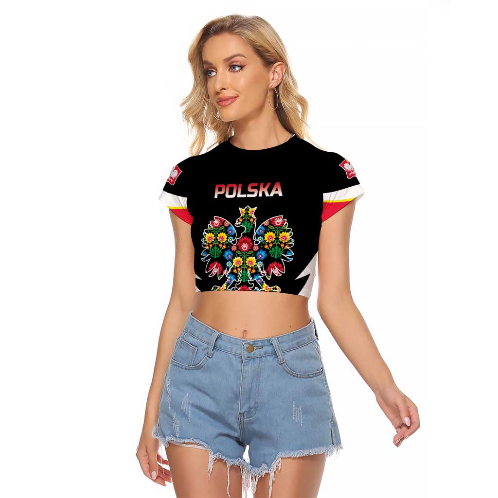 Personalized Poland Wycinanki Eagle Raglan Cropped T Shirt Polish Traditional Floral Folk Pattern - Wonder Print Shop