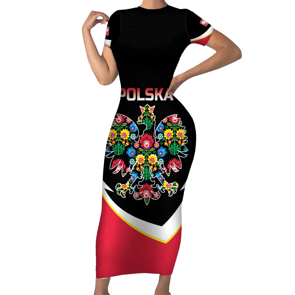 Personalized Poland Wycinanki Eagle Short Sleeve Bodycon Dress Polish Traditional Floral Folk Pattern - Wonder Print Shop