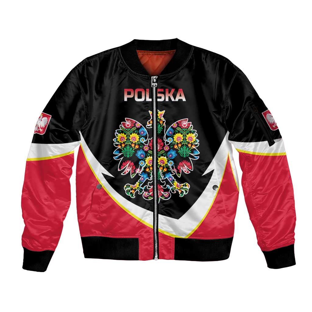 Personalized Poland Wycinanki Eagle Sleeve Zip Bomber Jacket Polish Traditional Floral Folk Pattern - Wonder Print Shop