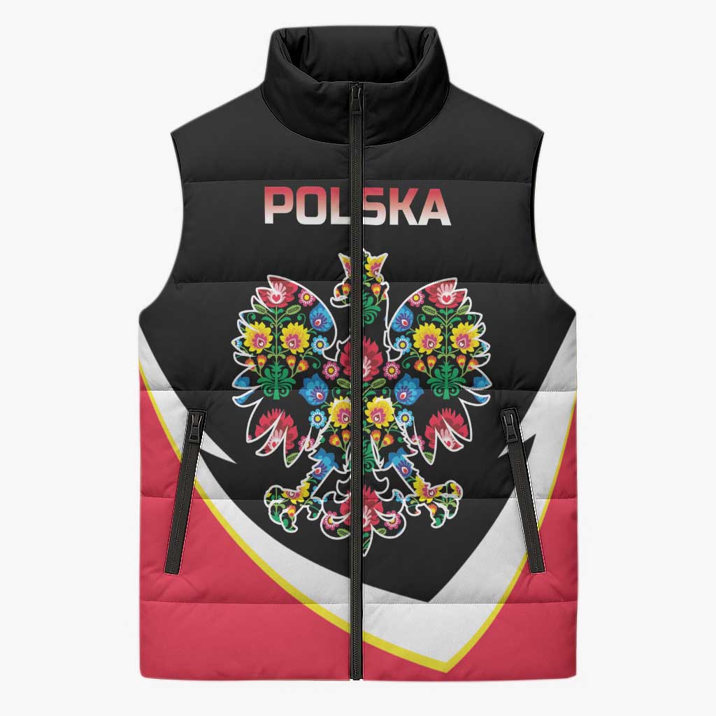 Personalized Poland Wycinanki Eagle Sleeveless Puffer Jacket Polish Traditional Floral Folk Pattern - Wonder Print Shop