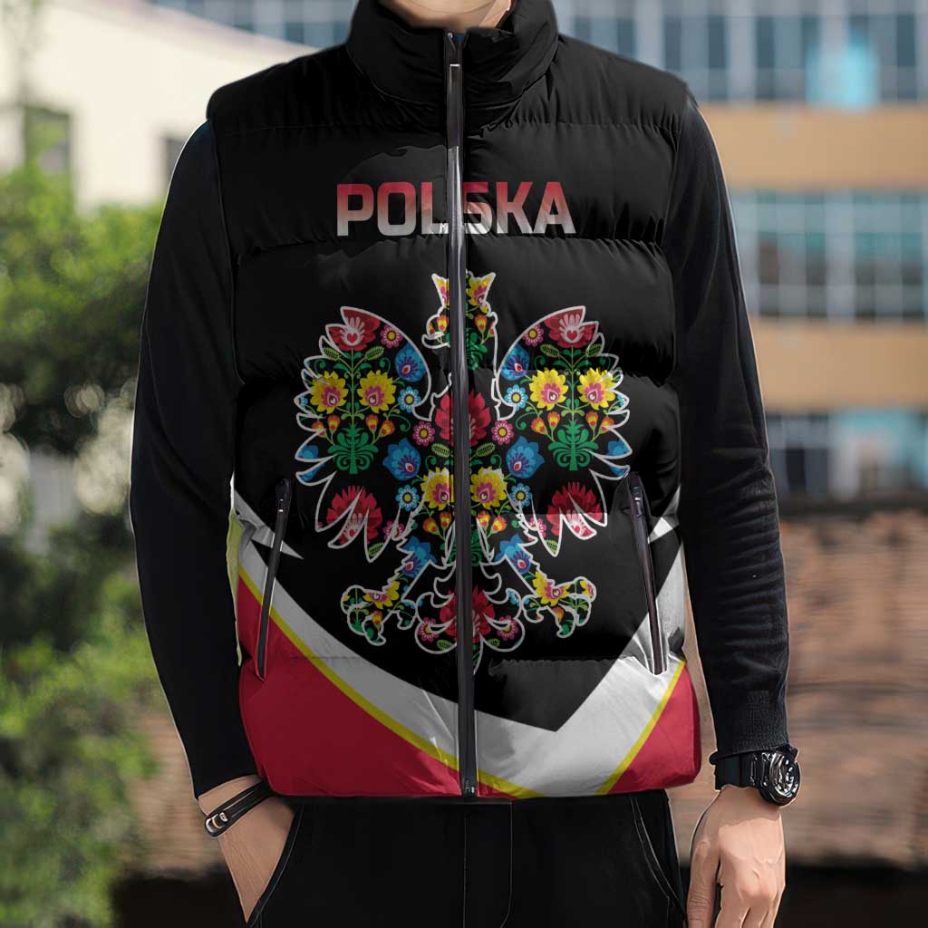 Personalized Poland Wycinanki Eagle Sleeveless Puffer Jacket Polish Traditional Floral Folk Pattern - Wonder Print Shop