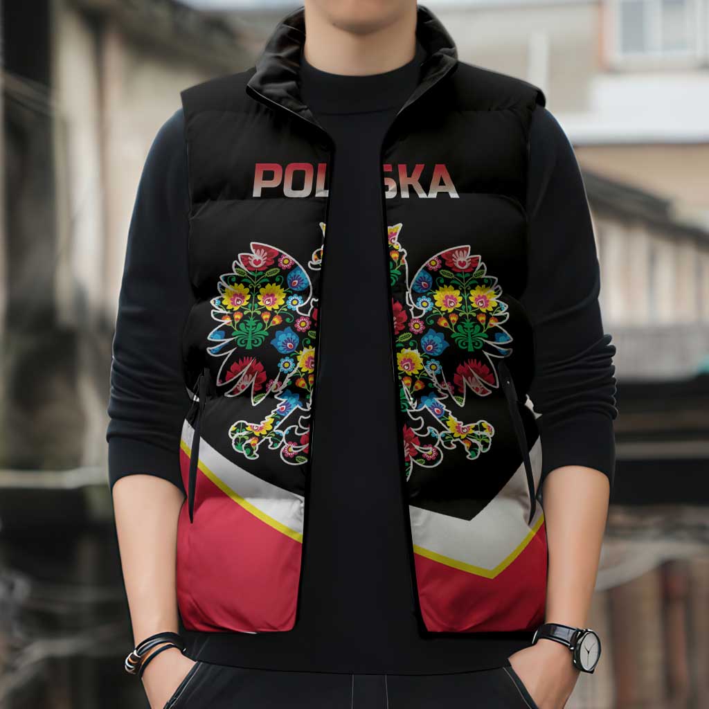 Personalized Poland Wycinanki Eagle Sleeveless Puffer Jacket Polish Traditional Floral Folk Pattern - Wonder Print Shop
