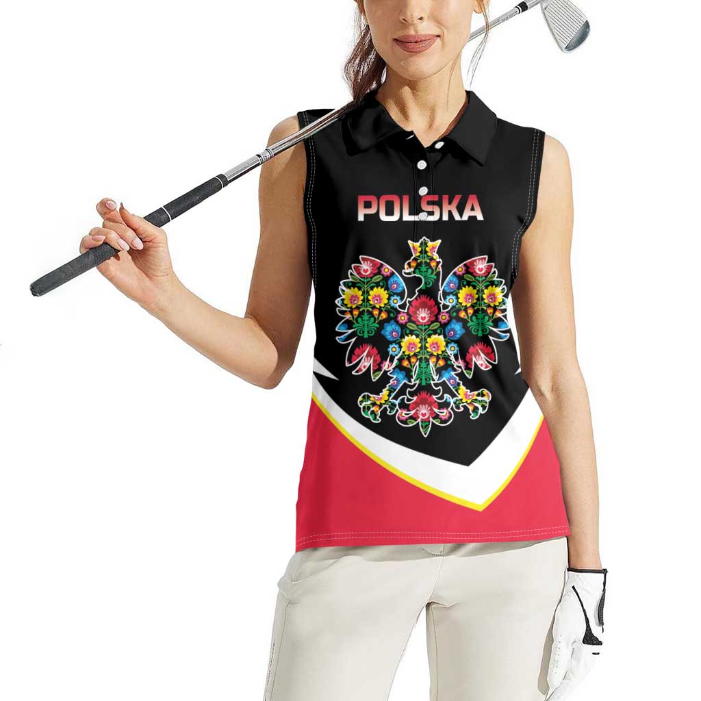 Personalized Poland Wycinanki Eagle Women Sleeveless Polo Shirt Polish Traditional Floral Folk Pattern - Wonder Print Shop