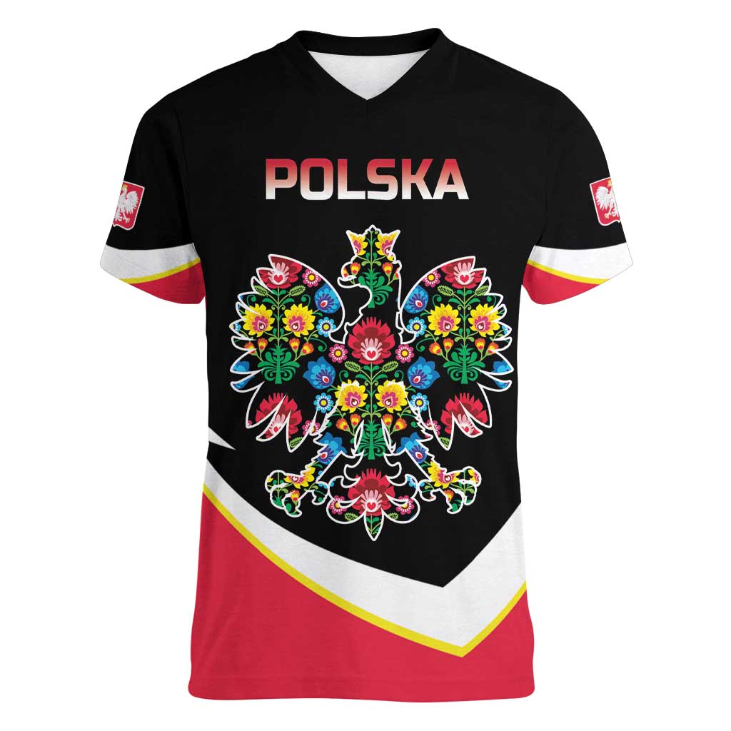 Personalized Poland Wycinanki Eagle Women V-Neck T-Shirt Polish Traditional Floral Folk Pattern - Wonder Print Shop