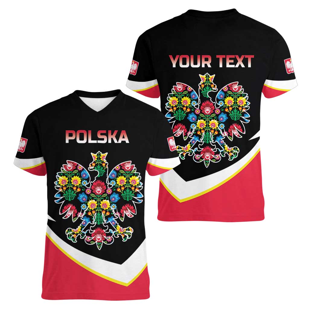 Personalized Poland Wycinanki Eagle Women V-Neck T-Shirt Polish Traditional Floral Folk Pattern - Wonder Print Shop