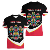 Personalized Poland Wycinanki Eagle Women V-Neck T-Shirt Polish Traditional Floral Folk Pattern - Wonder Print Shop