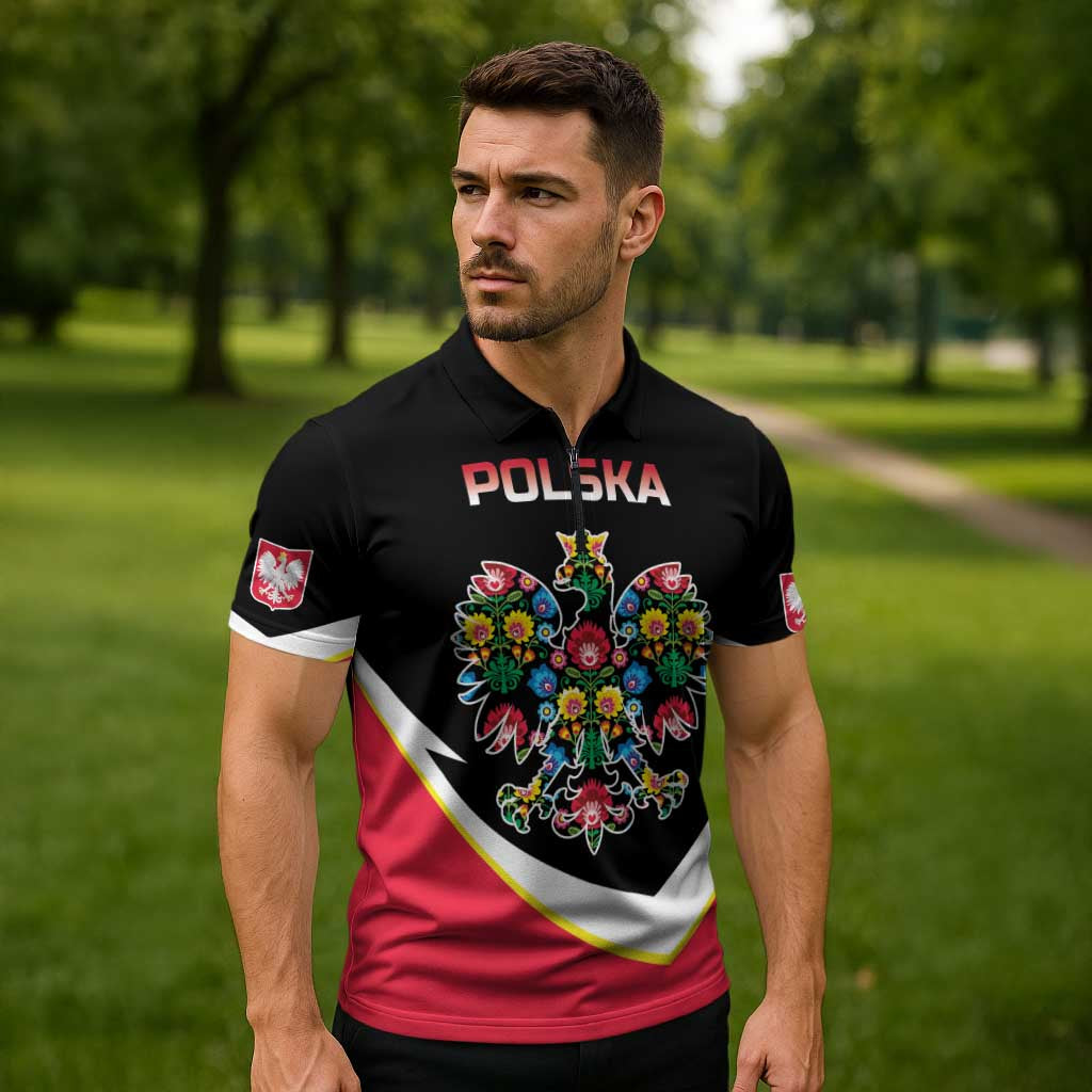 Personalized Poland Wycinanki Eagle Zipper Polo Shirt Polish Traditional Floral Folk Pattern - Wonder Print Shop