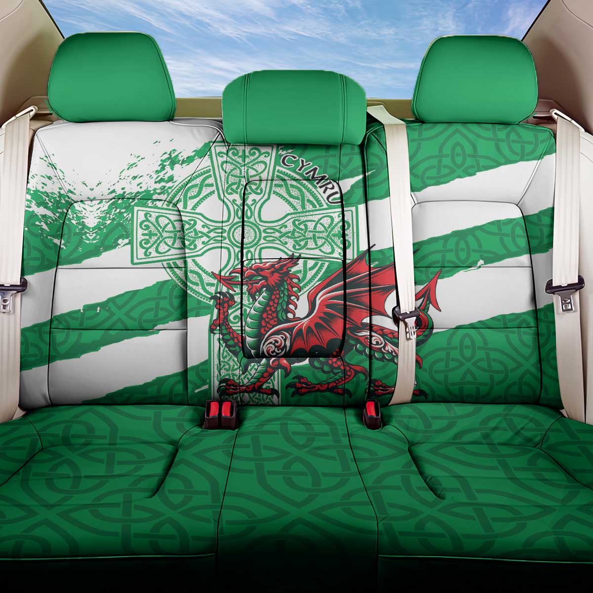 Wales Celtic Cross Back Car Seat Cover Cymru Am Byth Green Version - Wonder Print Shop