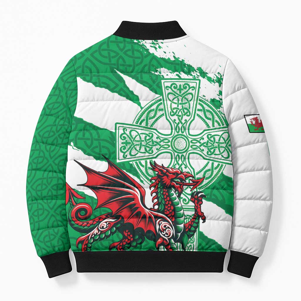 Wales Celtic Cross Bomber Puffer Jacket Cymru Am Byth Green Version - Wonder Print Shop