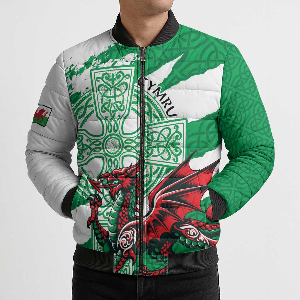 Wales Celtic Cross Bomber Puffer Jacket Cymru Am Byth Green Version - Wonder Print Shop