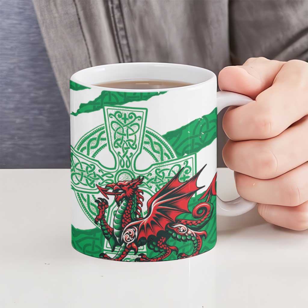 Wales Celtic Cross Ceramic Mug Cymru Am Byth Green Version - Wonder Print Shop