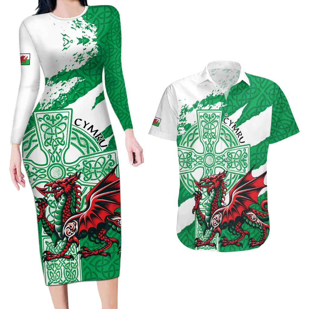 Wales Celtic Cross Couples Matching Long Sleeve Bodycon Dress and Hawaiian Shirt Cymru Am Byth Green Version - Wonder Print Shop