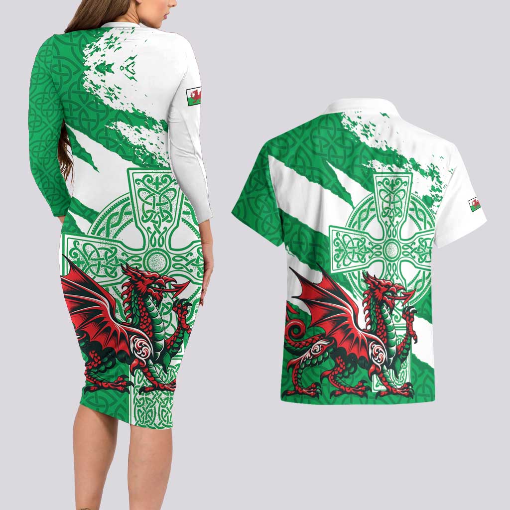 Wales Celtic Cross Couples Matching Long Sleeve Bodycon Dress and Hawaiian Shirt Cymru Am Byth Green Version - Wonder Print Shop