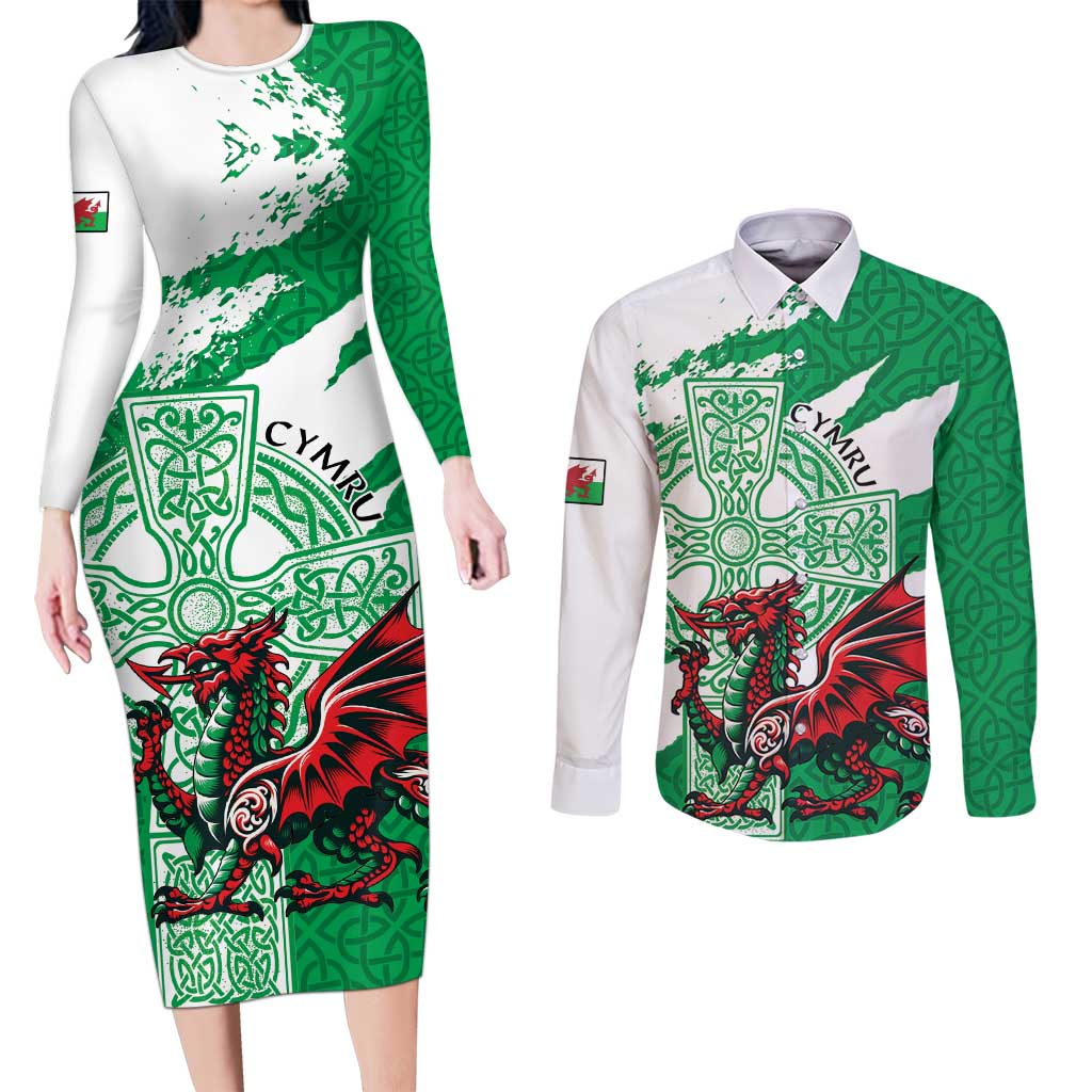 Wales Celtic Cross Couples Matching Long Sleeve Bodycon Dress and Long Sleeve Button Shirt Cymru Am Byth Green Version - Wonder Print Shop