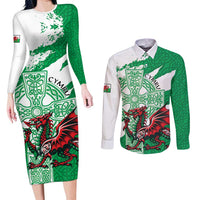 Wales Celtic Cross Couples Matching Long Sleeve Bodycon Dress and Long Sleeve Button Shirt Cymru Am Byth Green Version - Wonder Print Shop