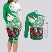 Wales Celtic Cross Couples Matching Long Sleeve Bodycon Dress and Long Sleeve Button Shirt Cymru Am Byth Green Version - Wonder Print Shop