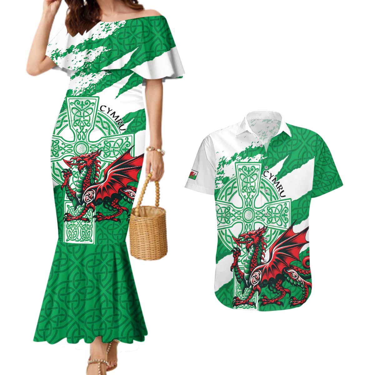 Wales Celtic Cross Couples Matching Mermaid Dress and Hawaiian Shirt Cymru Am Byth Green Version - Wonder Print Shop