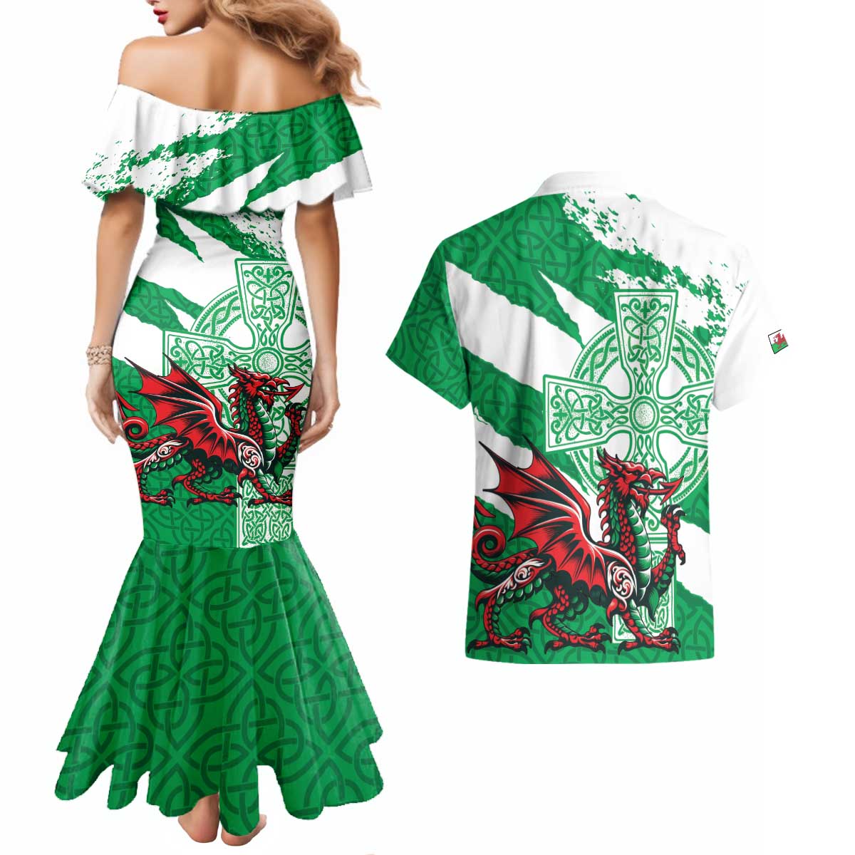 Wales Celtic Cross Couples Matching Mermaid Dress and Hawaiian Shirt Cymru Am Byth Green Version - Wonder Print Shop