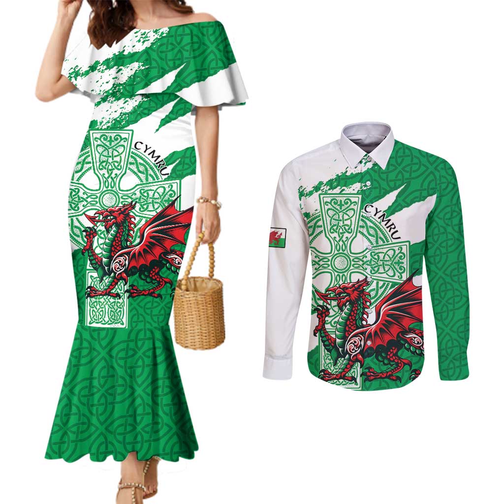 Wales Celtic Cross Couples Matching Mermaid Dress and Long Sleeve Button Shirt Cymru Am Byth Green Version - Wonder Print Shop