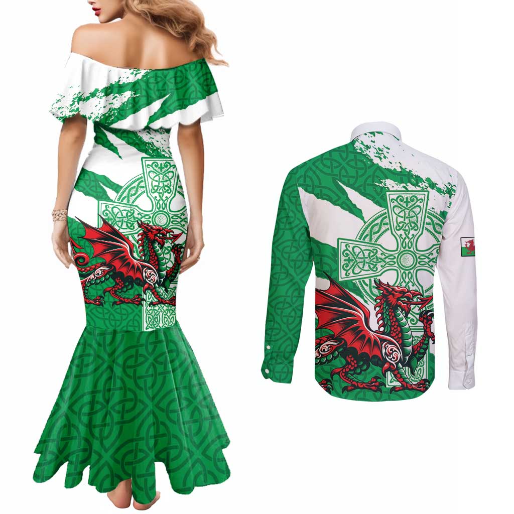 Wales Celtic Cross Couples Matching Mermaid Dress and Long Sleeve Button Shirt Cymru Am Byth Green Version - Wonder Print Shop