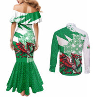 Wales Celtic Cross Couples Matching Mermaid Dress and Long Sleeve Button Shirt Cymru Am Byth Green Version - Wonder Print Shop