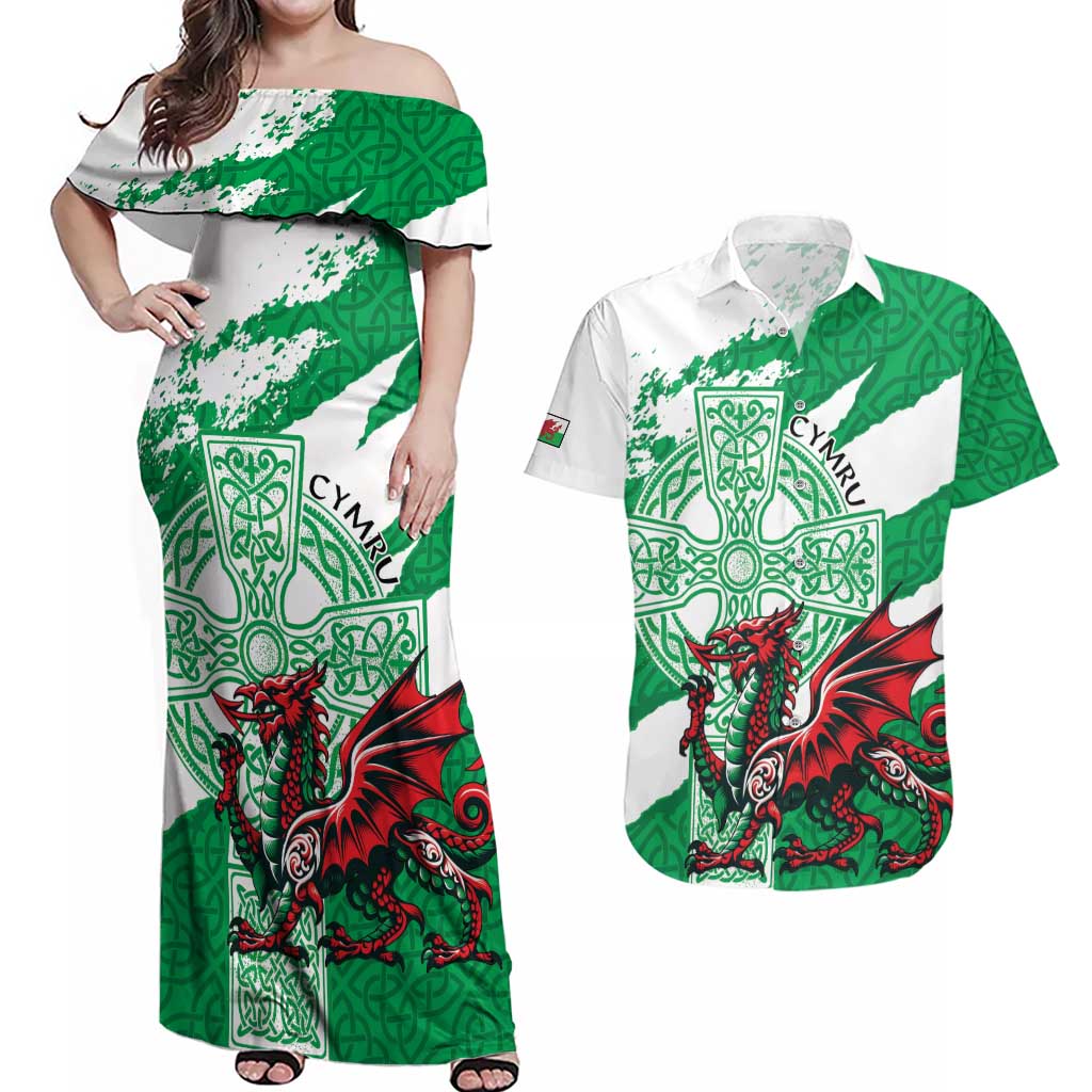 Wales Celtic Cross Couples Matching Off Shoulder Maxi Dress and Hawaiian Shirt Cymru Am Byth Green Version - Wonder Print Shop